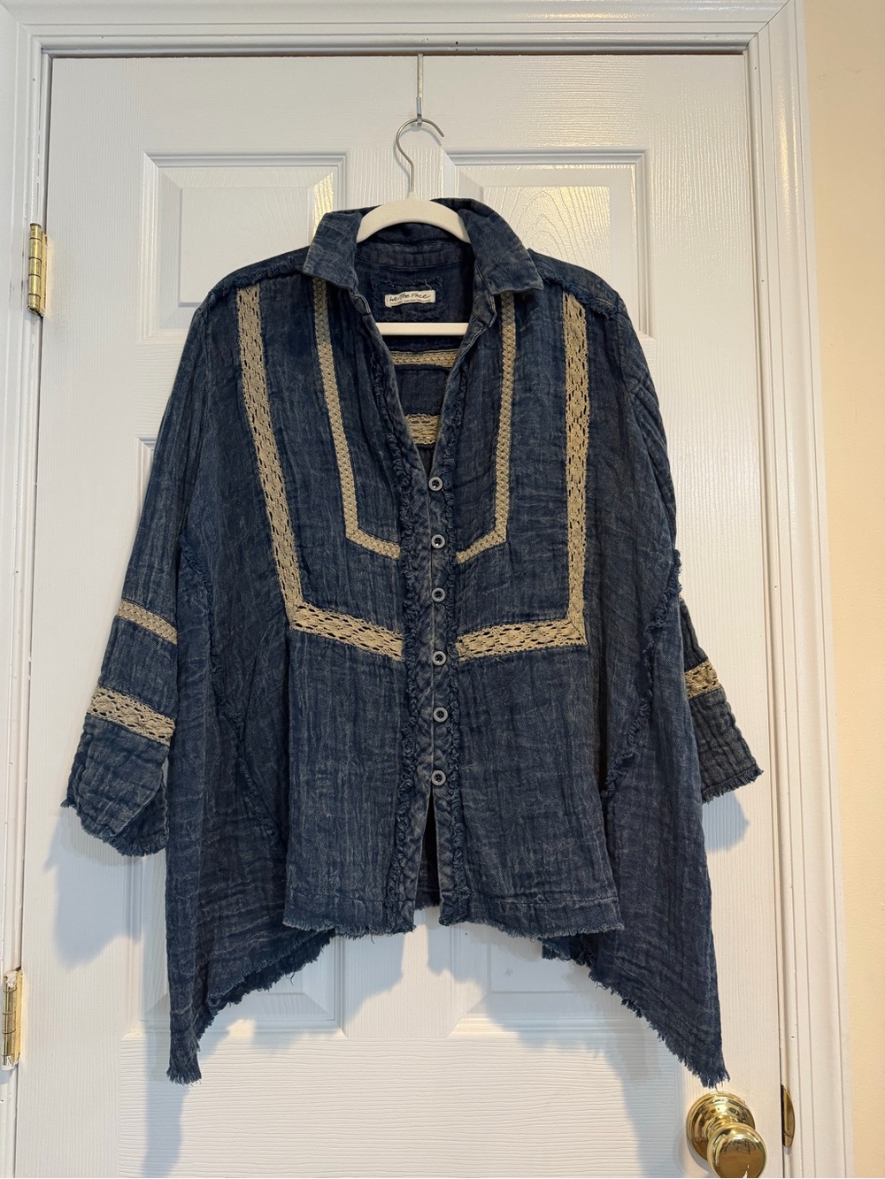 We The Free Navy Blue Button-Front Crochet Trim Top